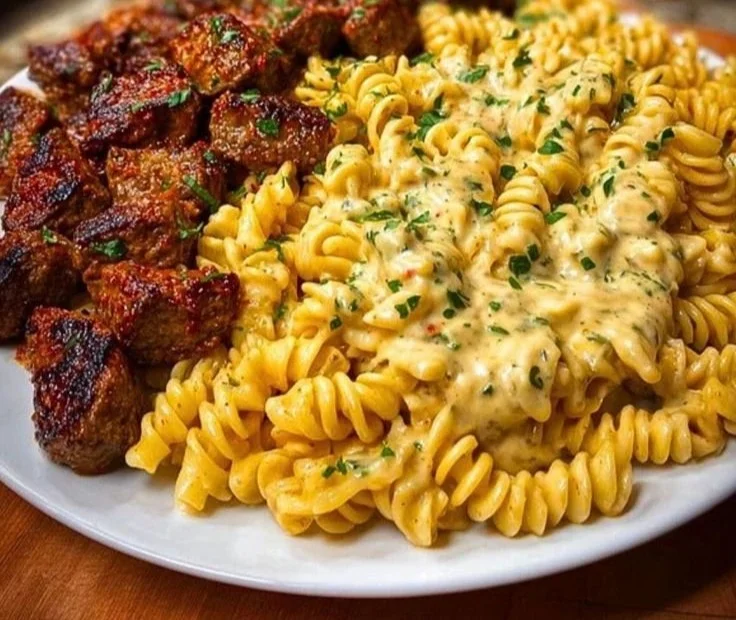 Creamy Cajun Beef with Rotini pasta in a delicious creamy sauce