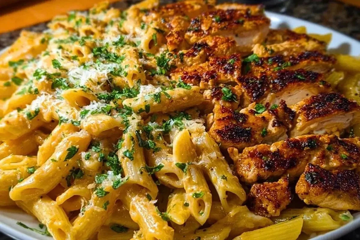 Delicious creamy Cajun chicken pasta served in a bowl with fresh herbs.