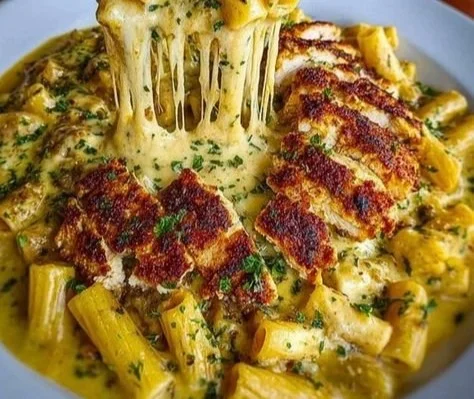 Creamy Cajun Chicken Rigatoni with Garlic Mozzarella Sauce plated and garnished