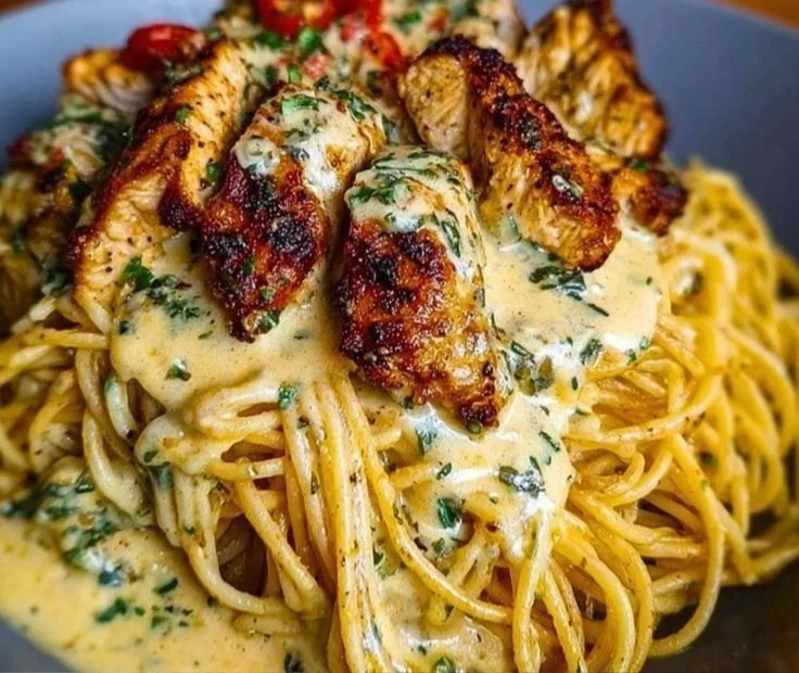 Plate of creamy Cajun chicken spaghetti topped with melted garlic mozzarella
