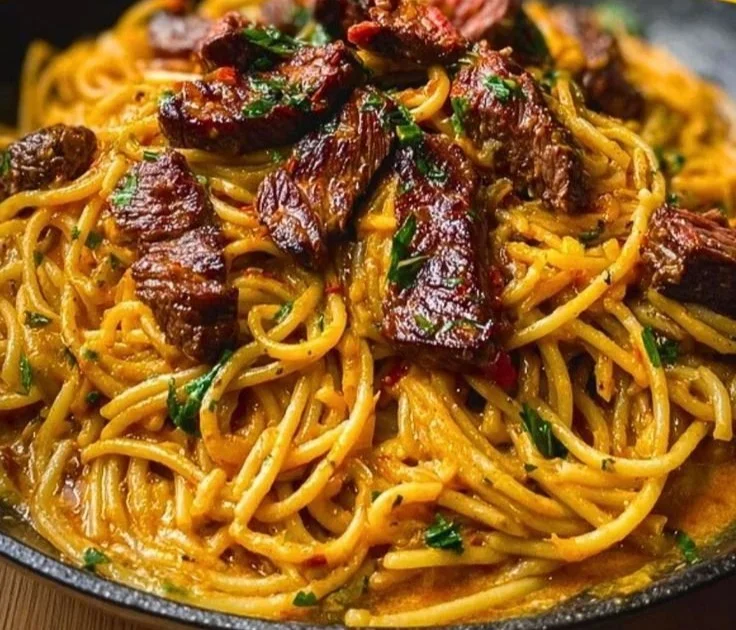 Creamy Cajun garlic butter spaghetti dish topped with savory beef strips.