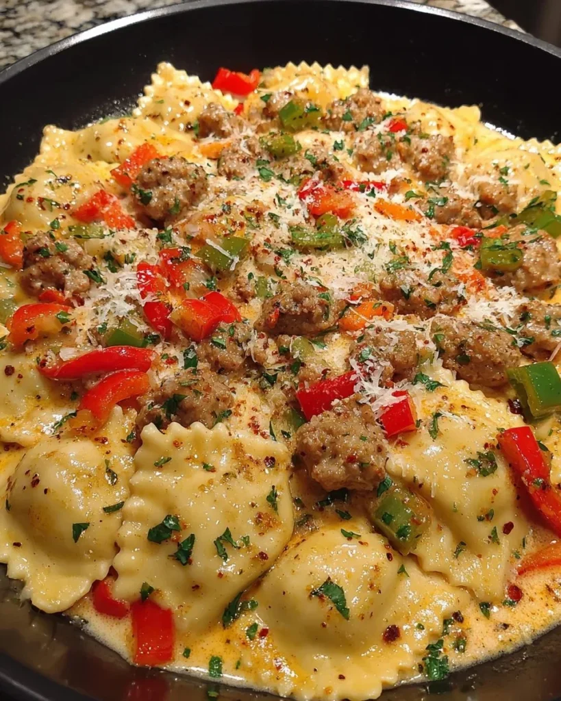 Plate of creamy Cajun sausage ravioli garnished with herbs