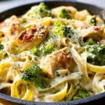 Creamy chicken broccoli alfredo pasta dish served in a bowl