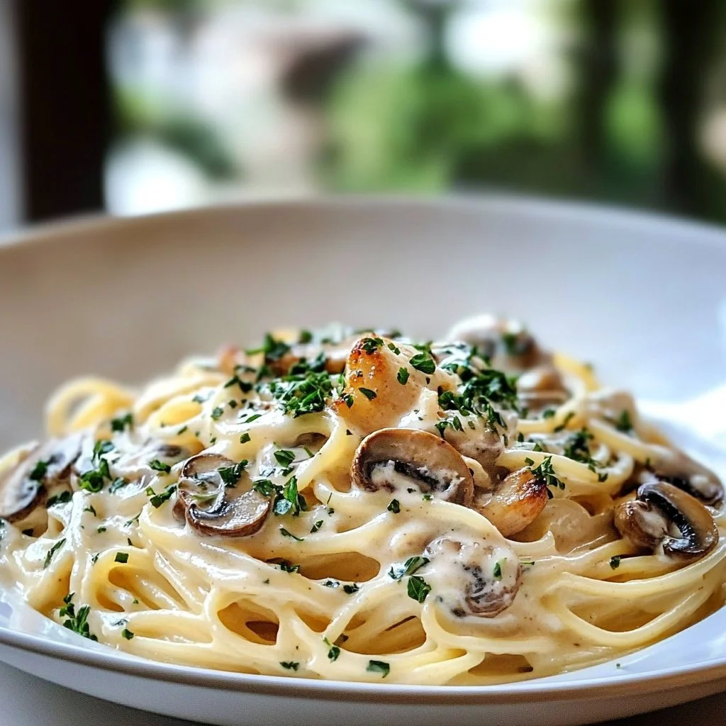 Delicious creamy chicken mushroom pasta served in a bowl