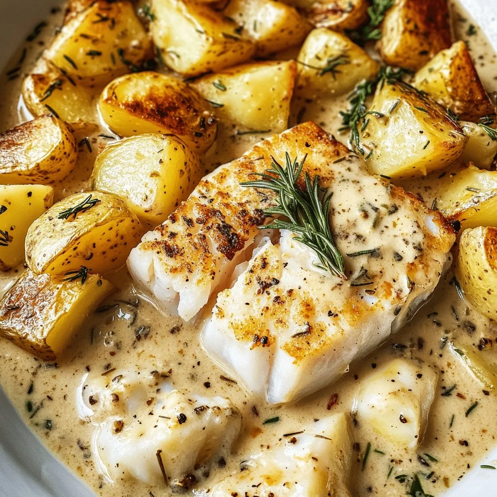 Creamy cod and potatoes garnished with rosemary sauce