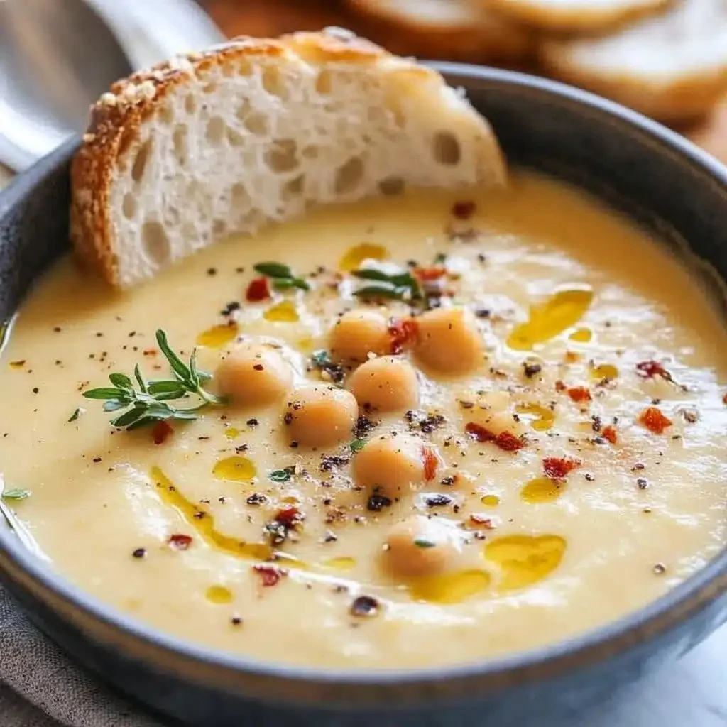 Bowl of creamy garlic chickpea soup garnished with herbs and served with bread