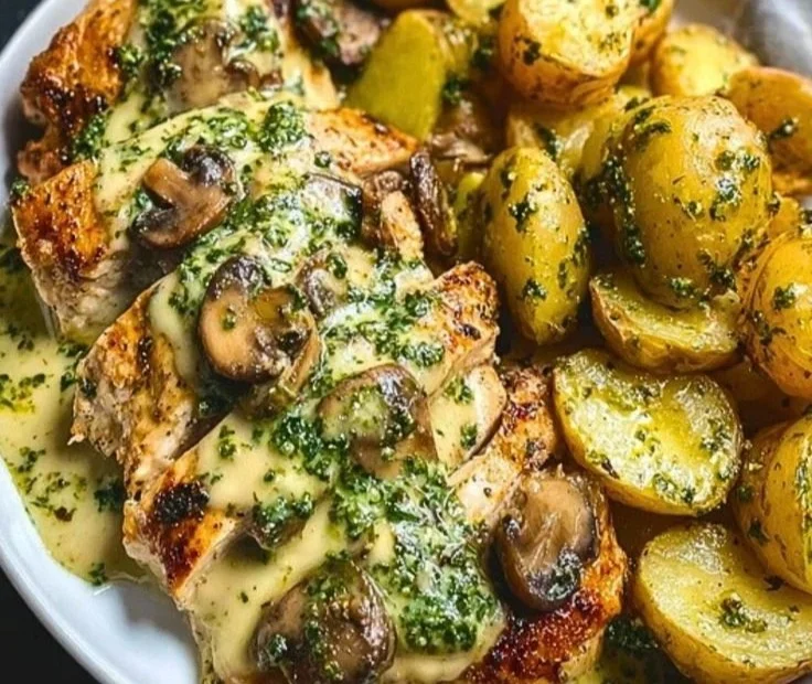 Creamy Garlic Mushroom Alfredo Chicken with Potatoes and Basil Pesto served on a plate
