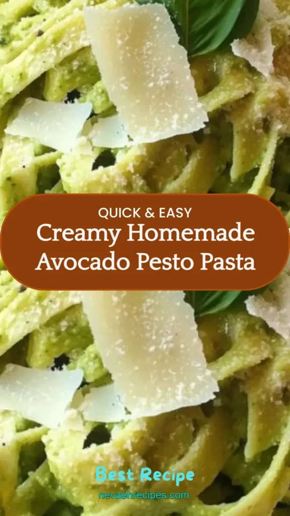 Creamy avocado pesto pasta topped with fresh basil and pine nuts