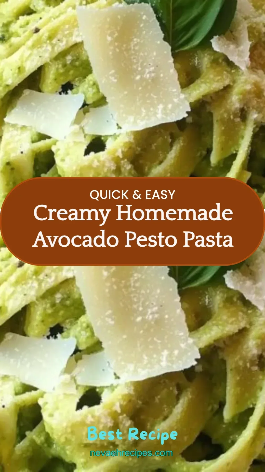 Creamy avocado pesto pasta topped with fresh basil and pine nuts