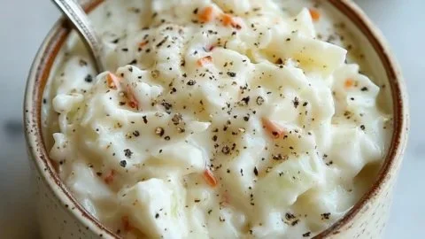 Creamy homemade coleslaw dressing in a bowl ready to serve.