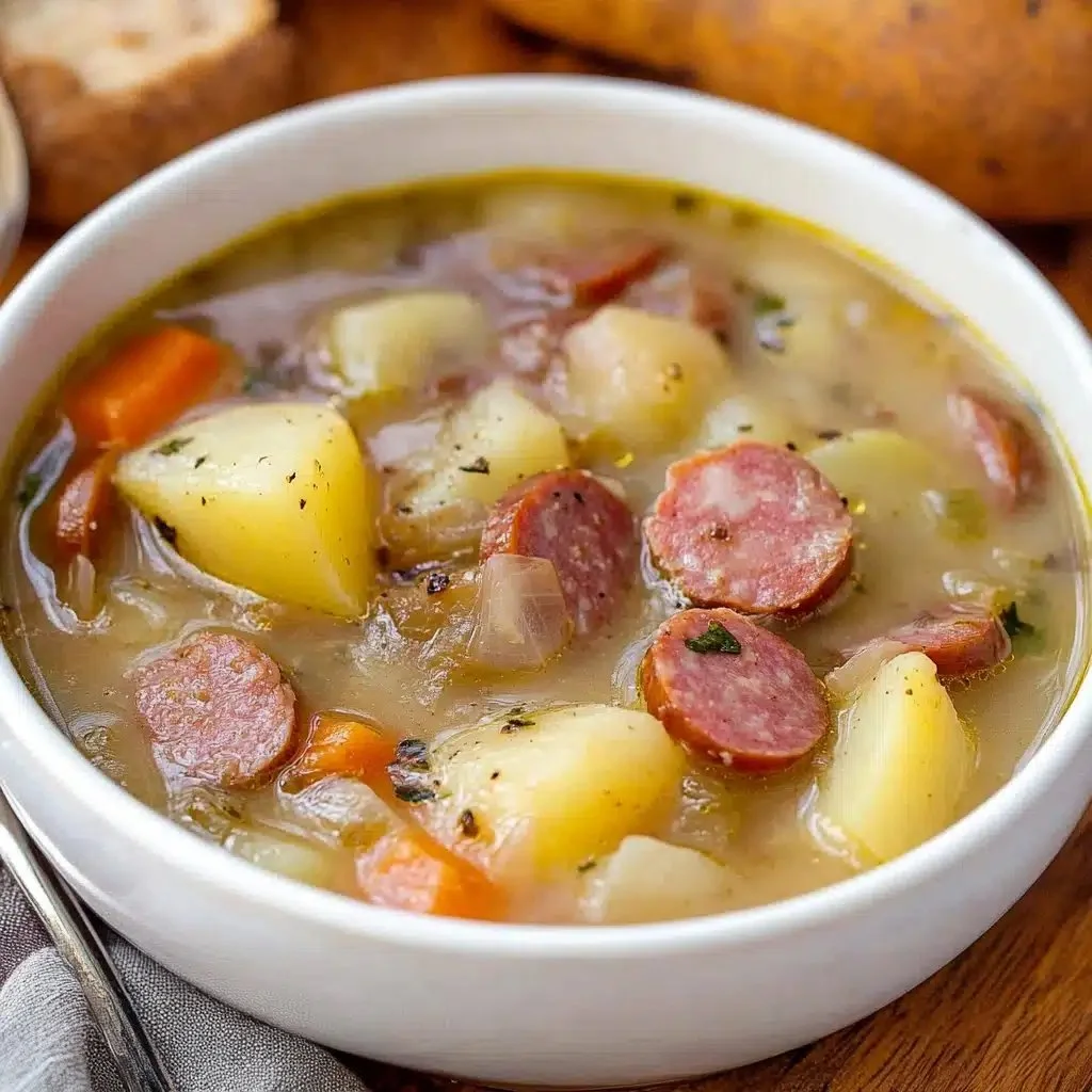 Bowl of creamy kielbasa potato soup garnished with parsley