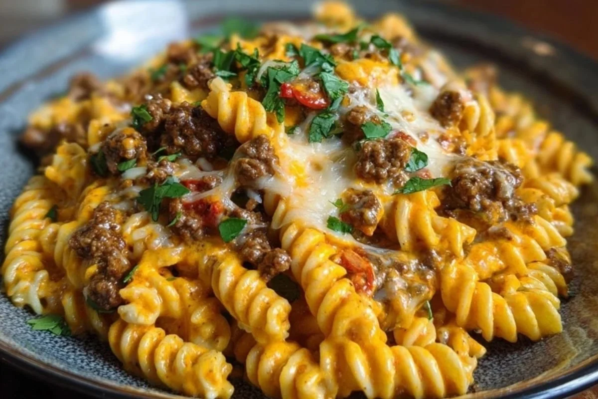 Creamy Mozzarella Rotini served with Spicy Cajun Beef