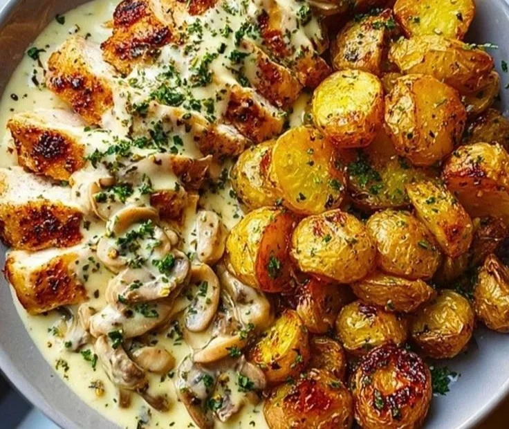 Creamy mushroom garlic chicken alfredo served in a bowl