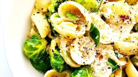 Creamy Parmesan Pasta with Brussels Sprouts in a bowl