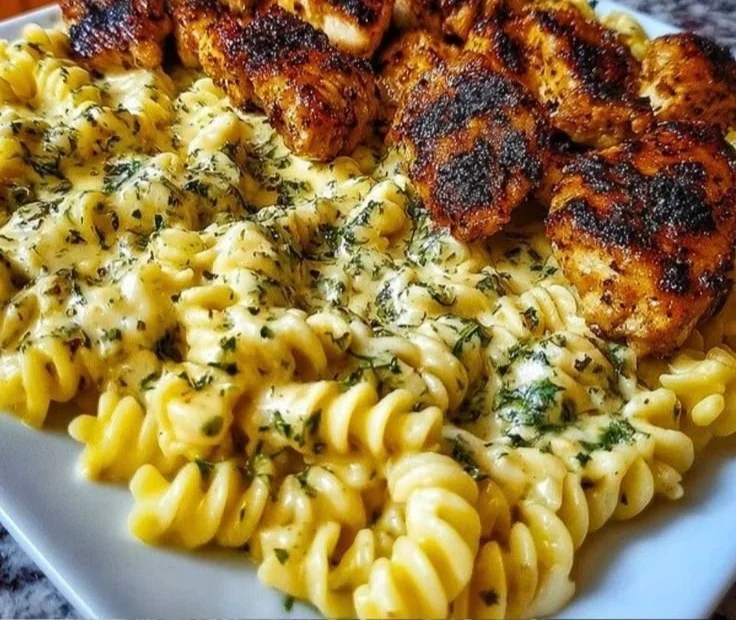 Creamy Parmesan Rotini with Cajun garlic butter chicken served in a bowl