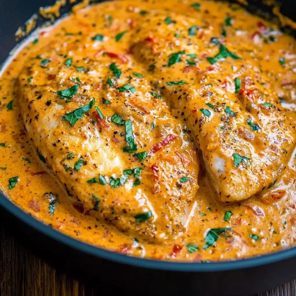 Creamy roasted pepper tilapia served on a white plate garnished with herbs
