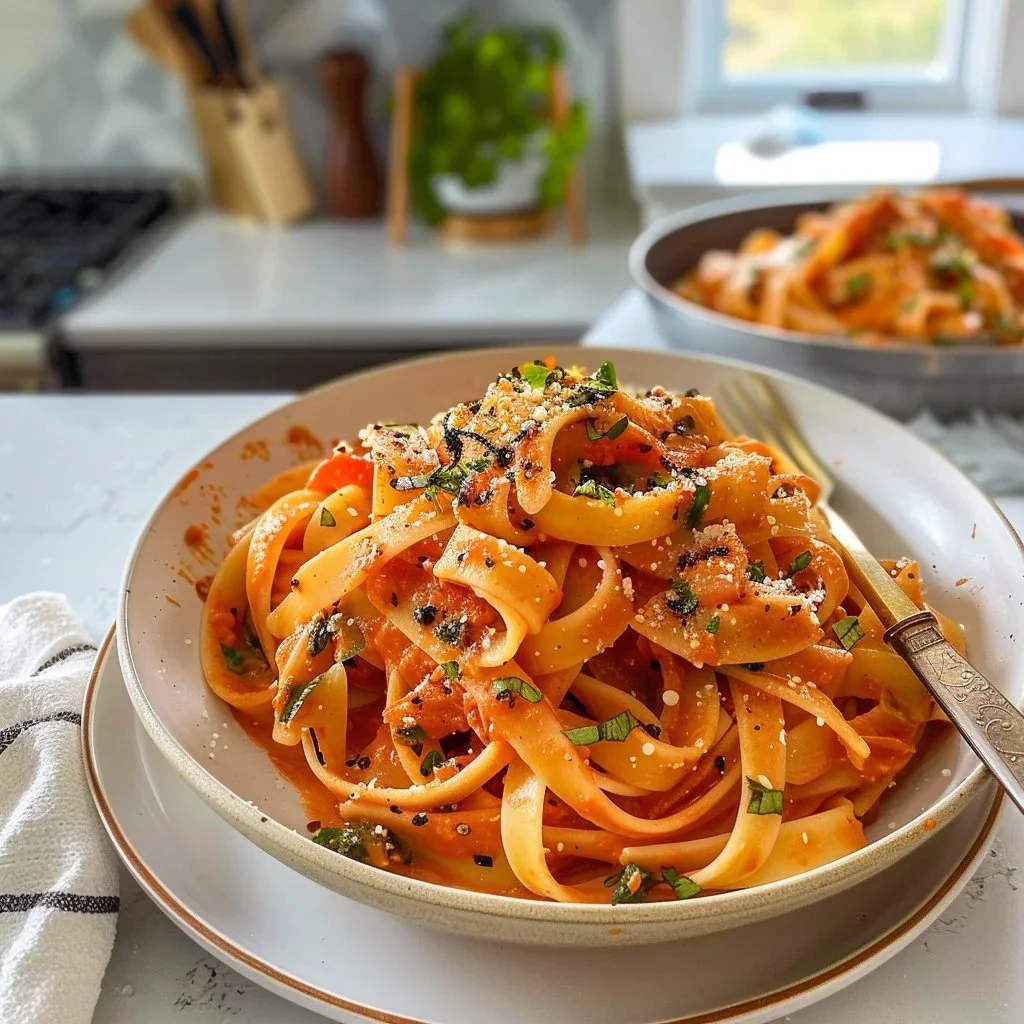 Creamy roasted red pepper pasta with fresh basil and parmesan cheese