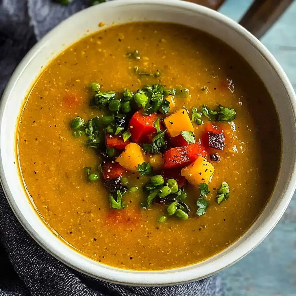 Delicious creamy roasted veggie soup in a bowl with a garnish of fresh herbs.