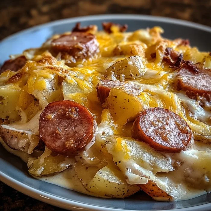 Creamy sausage potato bake served in a dish with herbs