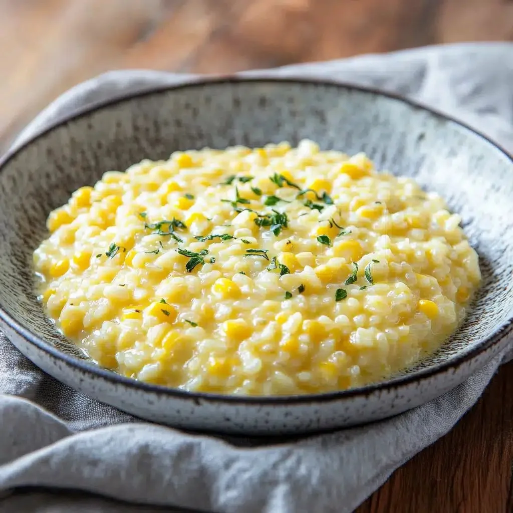 Creamy sweet corn risotto served in a bowl with fresh herbs
