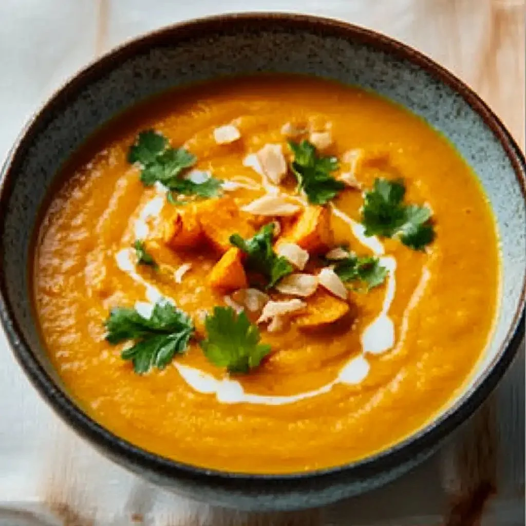 Bowl of creamy sweet potato curry soup garnished with herbs and spices