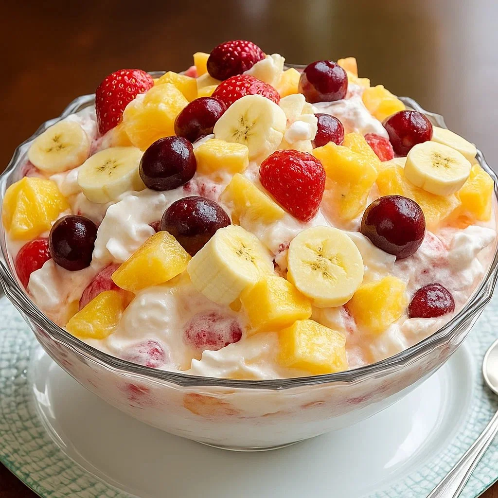 Creamy tropical fruit salad with various colorful fruits in a bowl