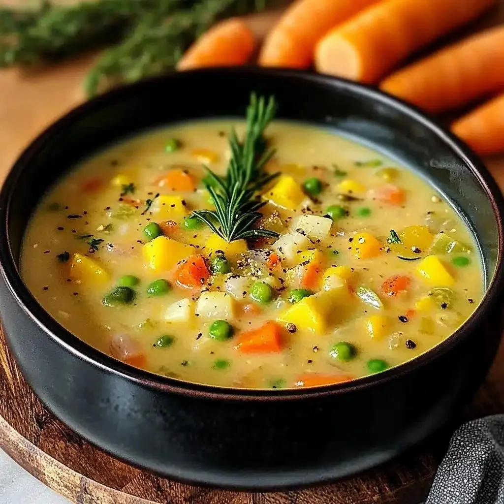Bowl of creamy vegetable soup with fresh vegetables and herbs