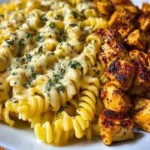 Creamy Velveeta Chicken Rotini pasta with mozzarella and garlic cheese sauce
