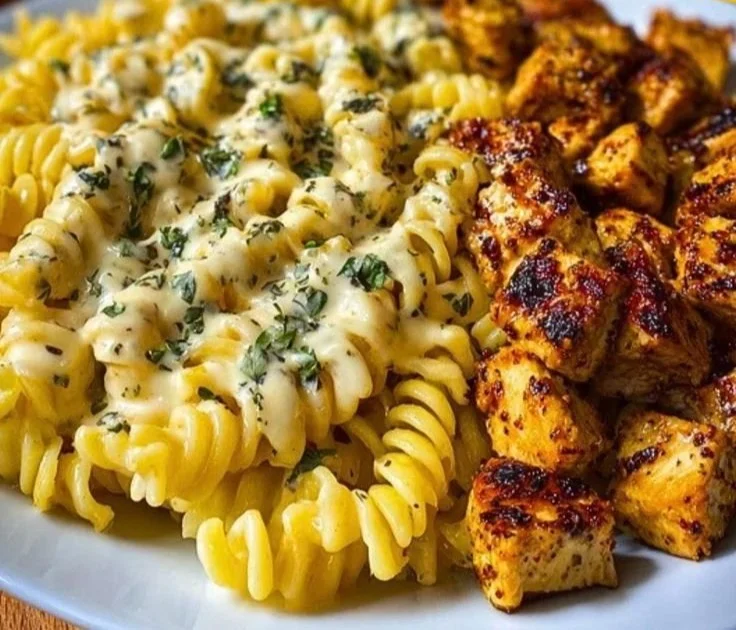 Creamy Velveeta Chicken Rotini pasta with mozzarella and garlic cheese sauce