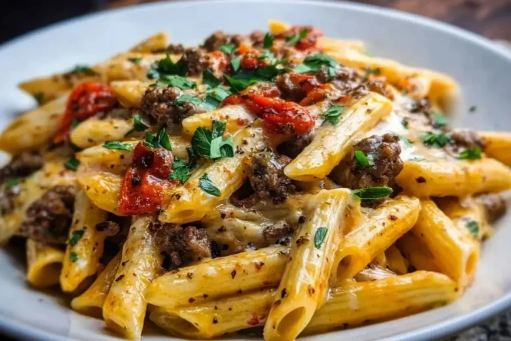 Creamy Velveeta penne pasta served in a bowl with fresh herbs