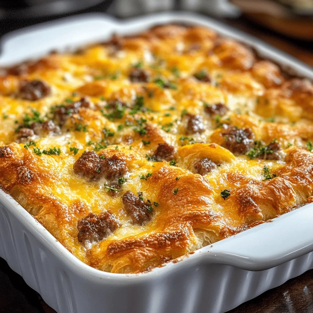 Crescent Roll Breakfast Casserole topped with cheese and herbs