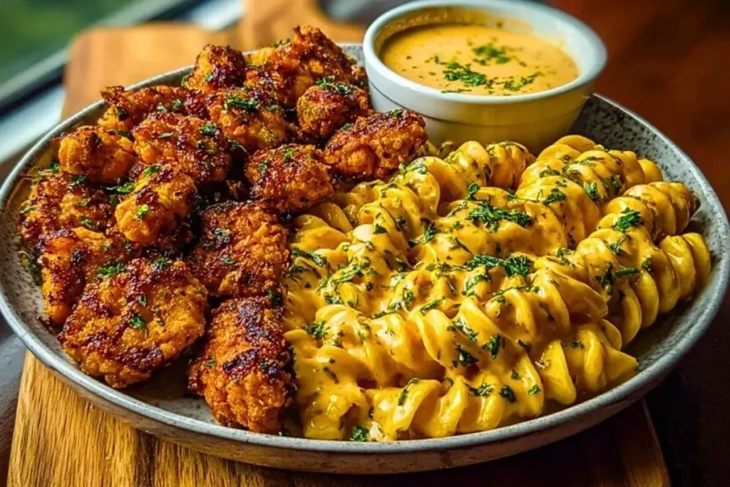 Crispy chicken bites served with blackened Cajun Alfredo sauce on a plate