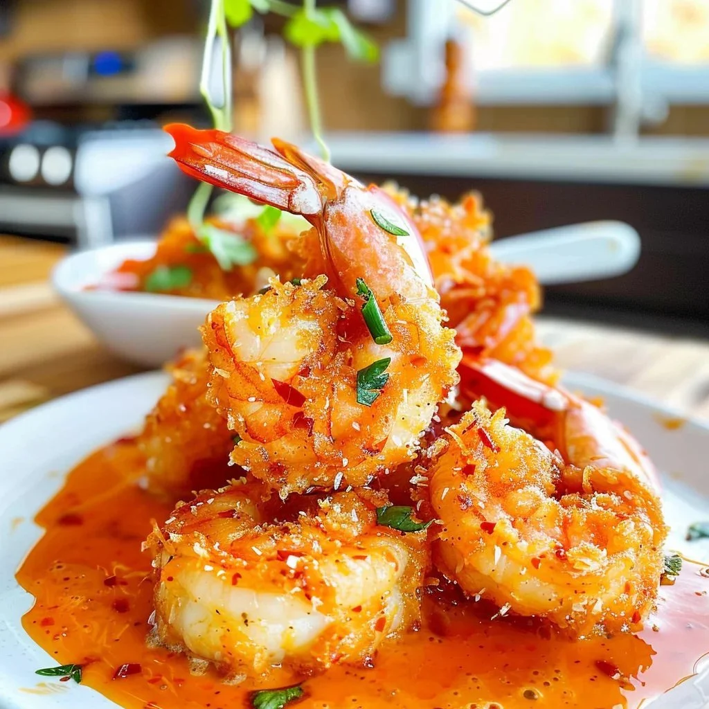 Plate of crispy coconut shrimp with a side of sweet chili mayo sauce.
