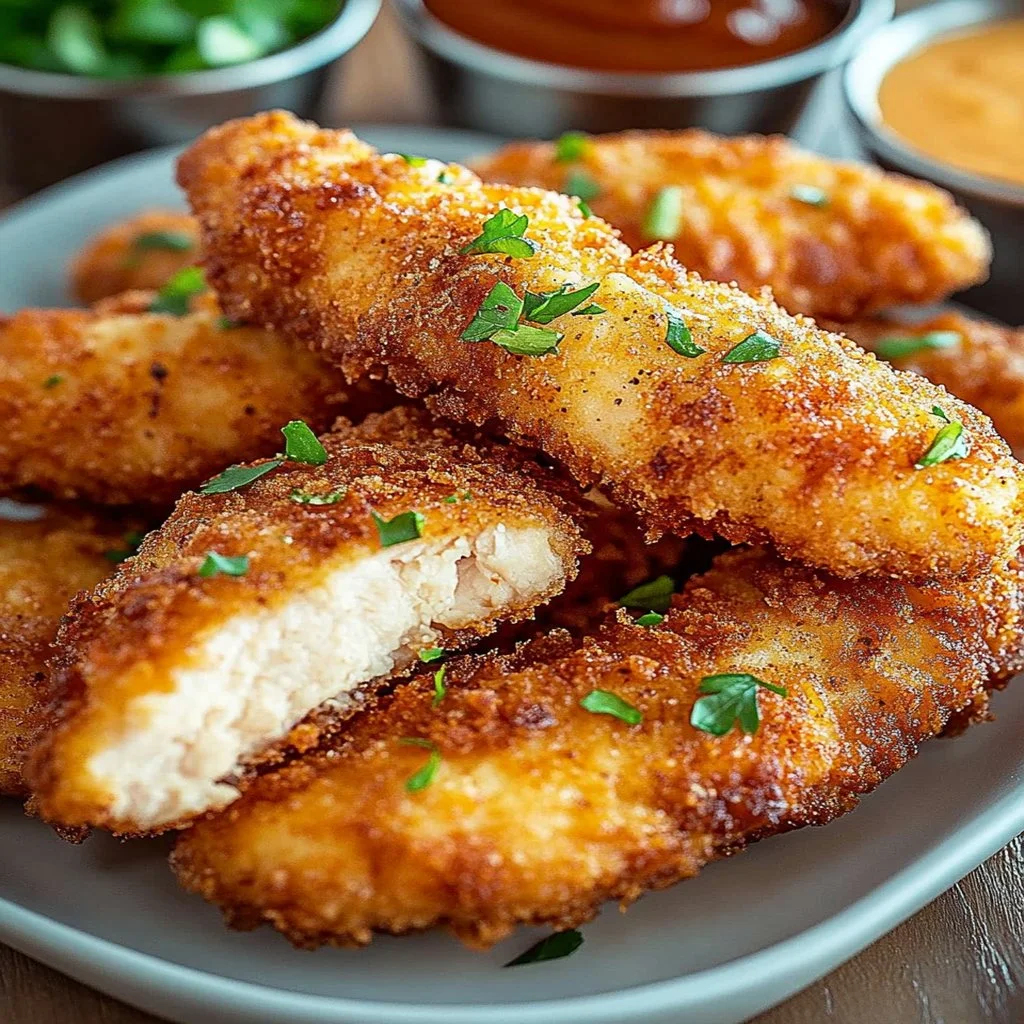 Crispy fried chicken tenders served with dipping sauce