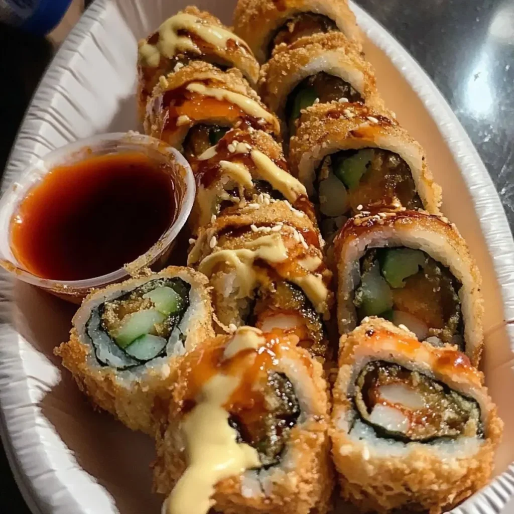 Homemade crispy fried sushi roll served on a plate with dipping sauce.