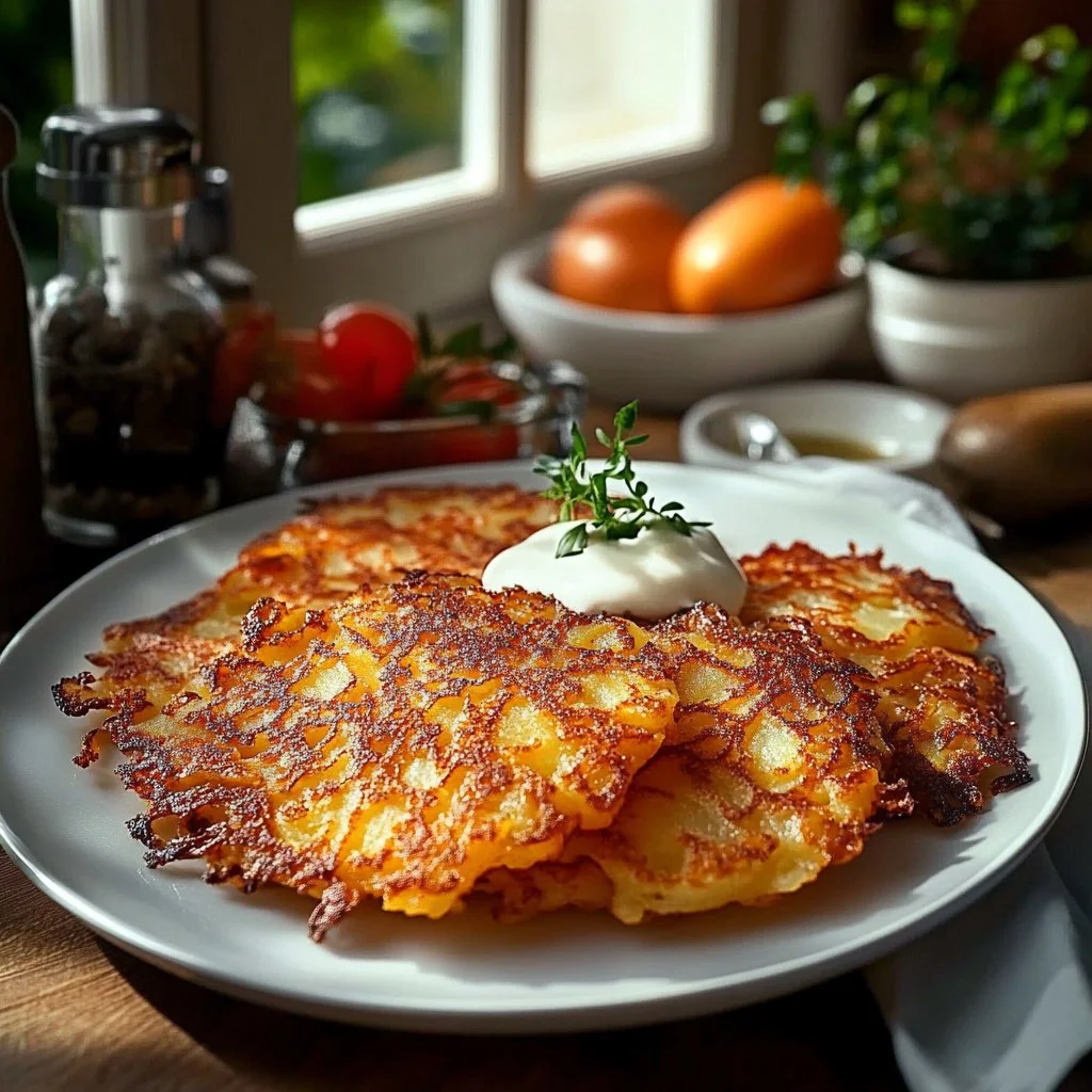 Crispy German potato pancakes served with sour cream and chives.