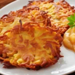 Crispy German Potato Pancakes served on a plate, garnished with applesauce.