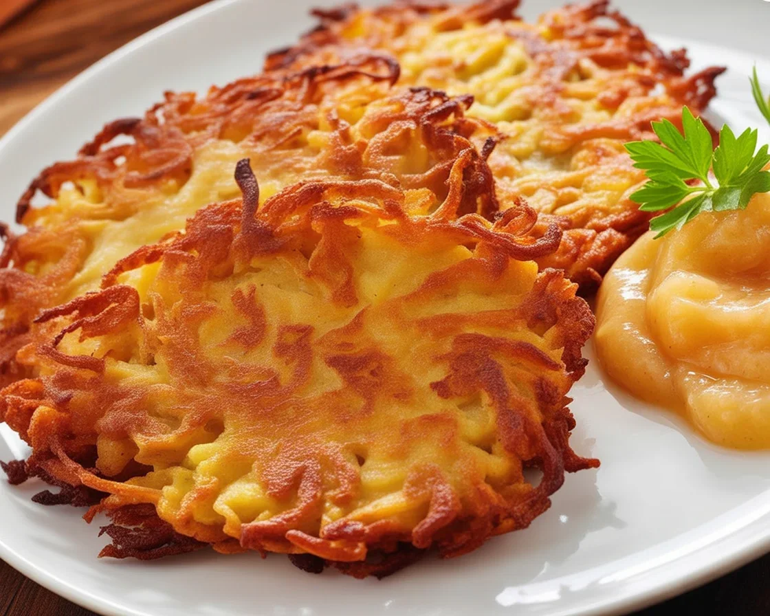 Crispy German Potato Pancakes served on a plate, garnished with applesauce.