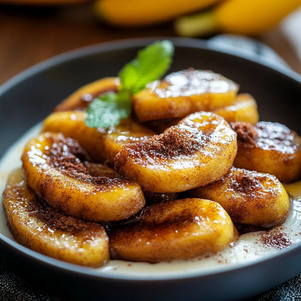 Crispy pan-fried cinnamon bananas served on a plate