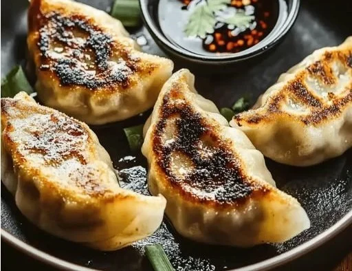 Crispy pan-fried dumplings served with dipping sauce