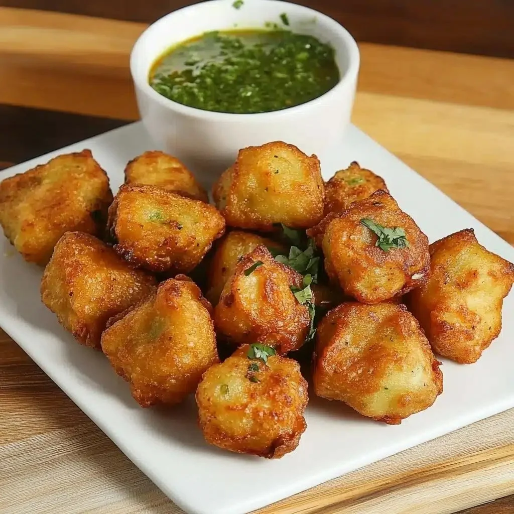 Crispy Paneer Pakoras served with chutney on a plate