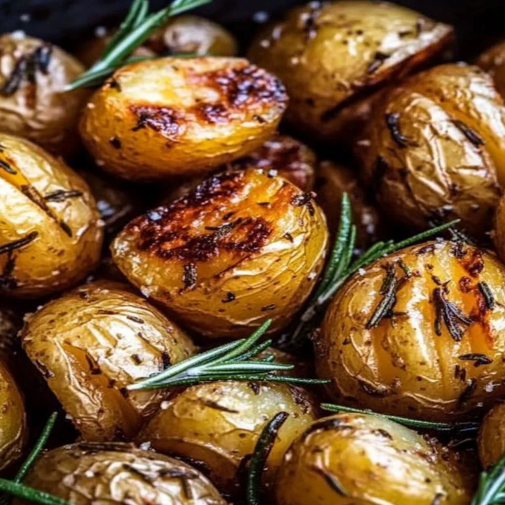 Crispy rosemary butter roasted potatoes garnished with fresh herbs