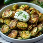 Plate of crispy zucchini garlic bites served with a dipping sauce