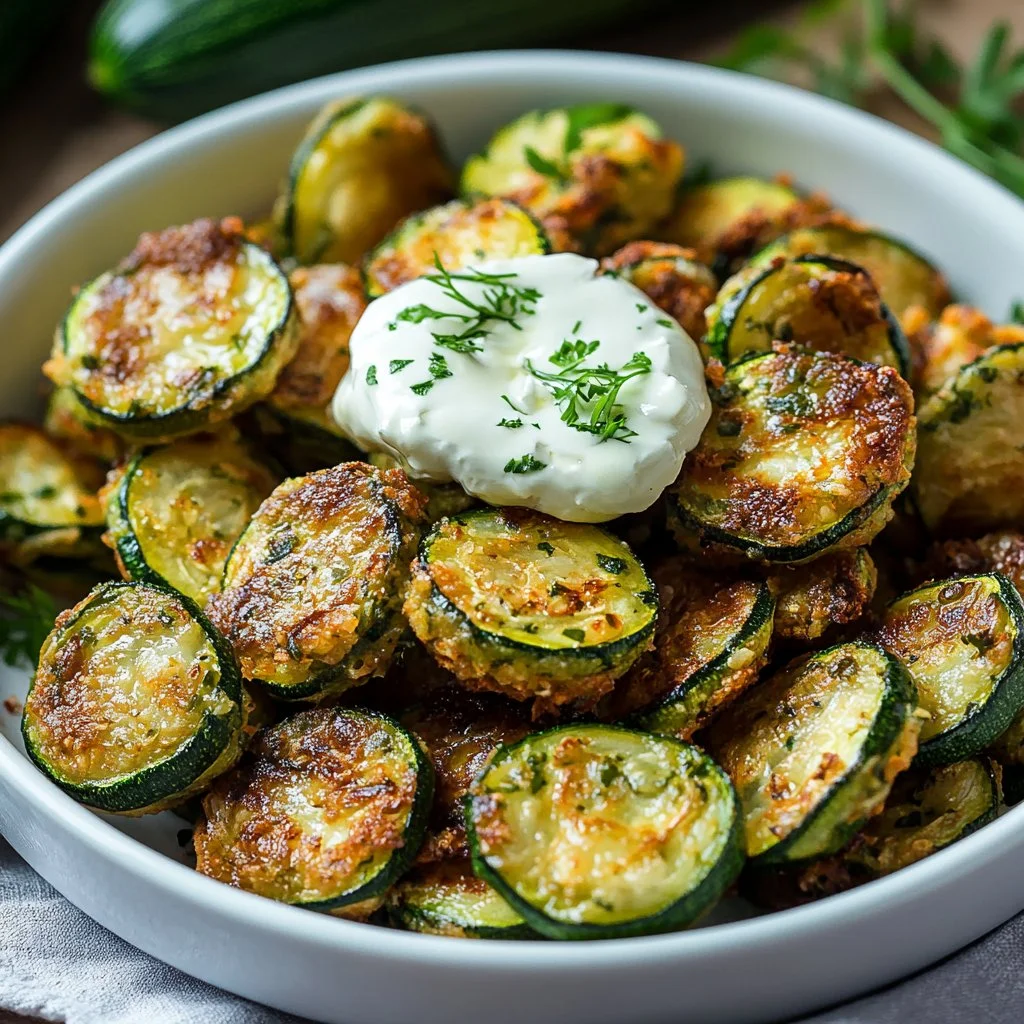 Plate of crispy zucchini garlic bites served with a dipping sauce