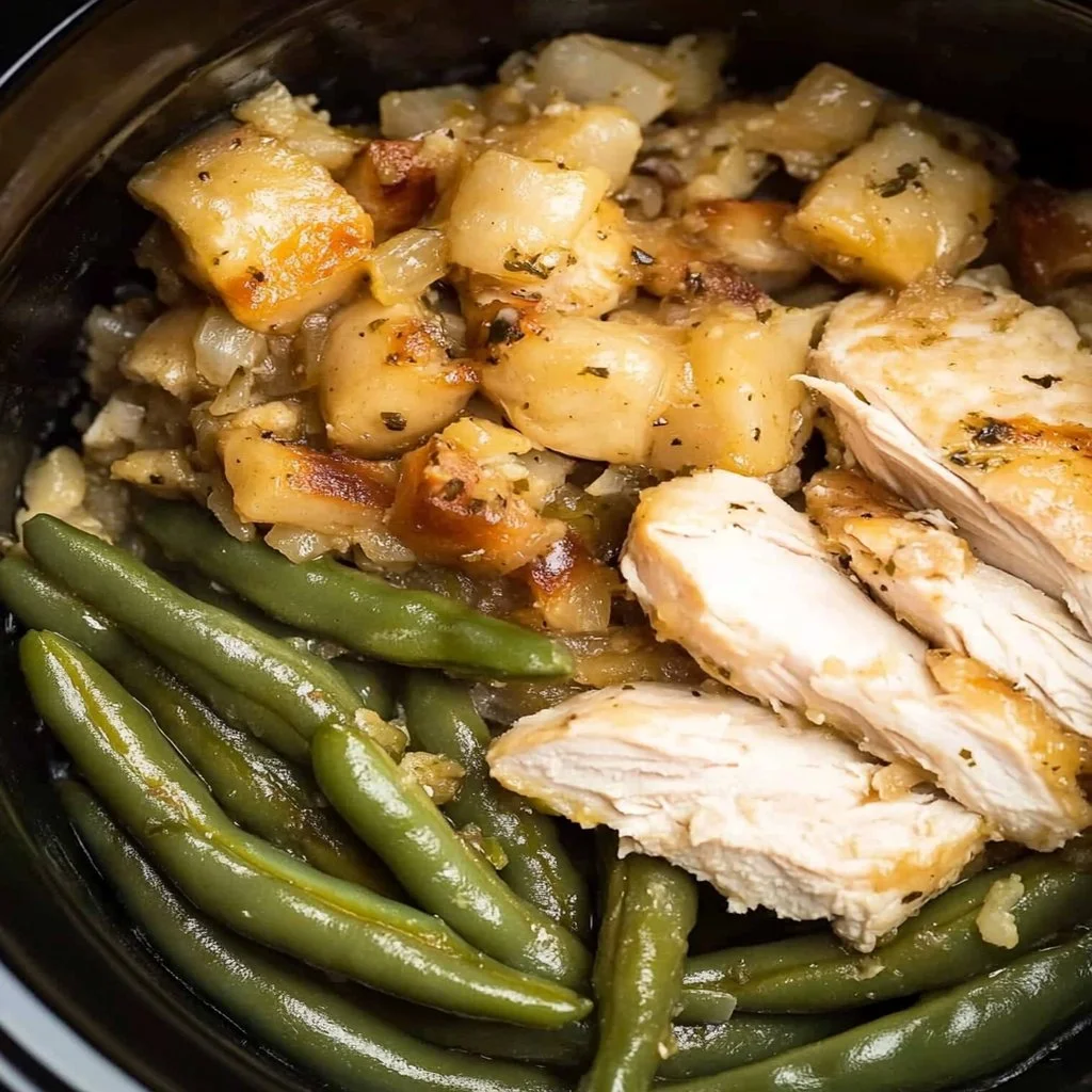Crock Pot Chicken with Stuffing and Green Beans served in a bowl