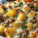Delicious Crockpot Cheesesteak Potato Casserole served in a bowl