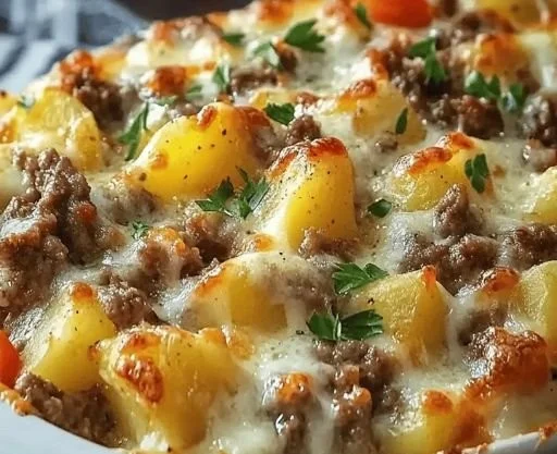 Delicious Crockpot Cheesesteak Potato Casserole served in a bowl