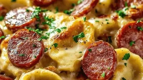 Crockpot pierogi casserole with kielbasa, topped with cheese and herbs