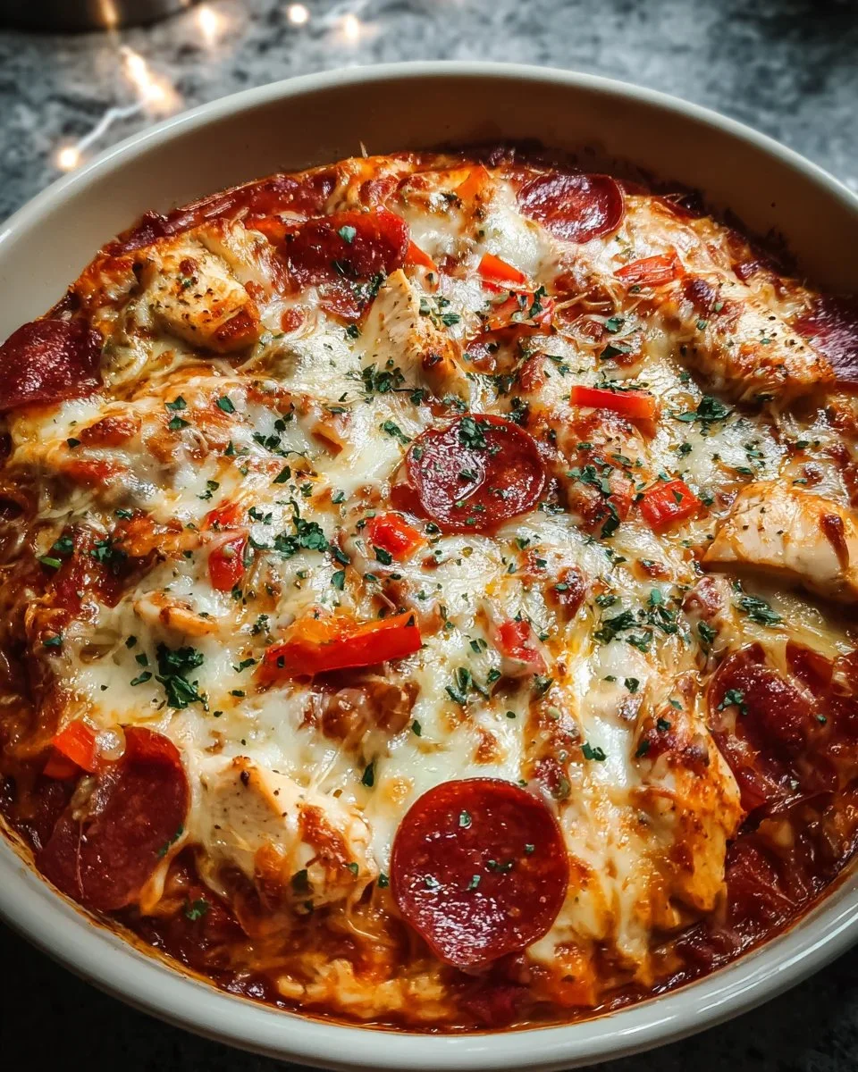 Crockpot Pizza Chicken dish with melted cheese and toppings