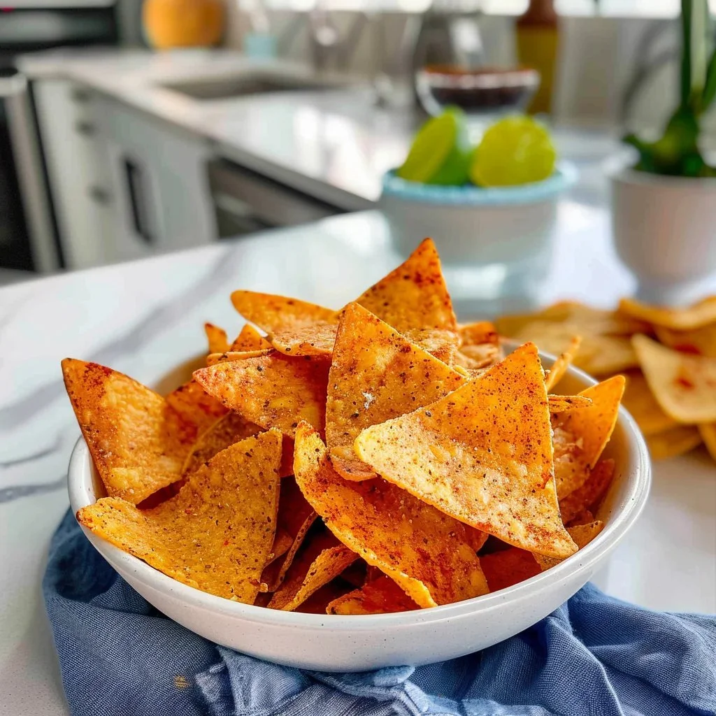 Bowl of crunchy homemade tortilla chips ready for dipping